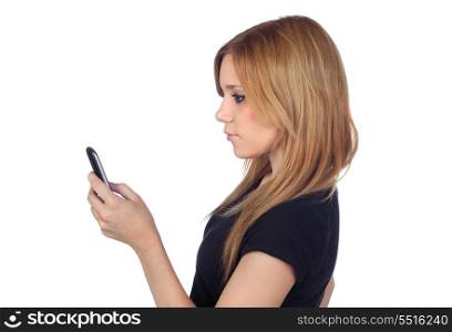 Winner blond woman with black shirt typing a message on mobile isolated on white background