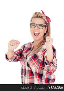 Winner Blonde Girl with glasses isolated on a white background