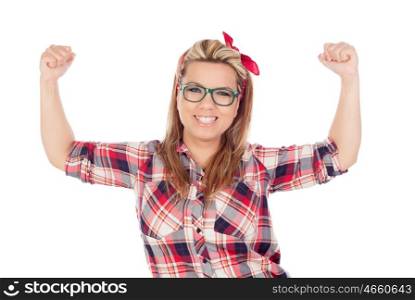 Winner Blonde Girl with glasses isolated on a white background