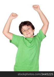 Winner boy with green t-shirt isolated on a white background