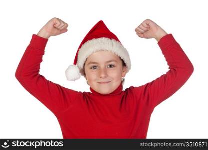 Winner boy with santa hat isolated on white background