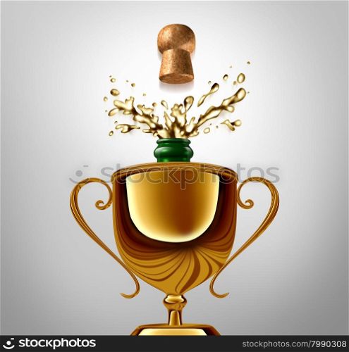 Winner celebration concept as a golden trophy with an uncorked champagne bottle inside as an achievement metaphor and success symbol&#xA;celebrating a win or happy event.