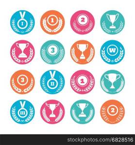 Winner cups and awards wreaths icons. Winner cups and victory prizes with awards wreaths icons set. Vector illustration