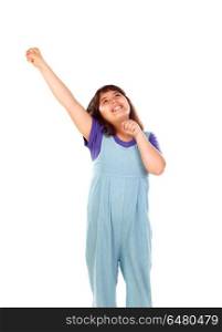 Winner girl celebrating something and raising her arms. Winner girl celebrating something and raising her arms isolated on a white background