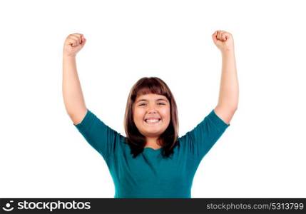 Winner girl celebrating something and raising her arms isolated on a white background