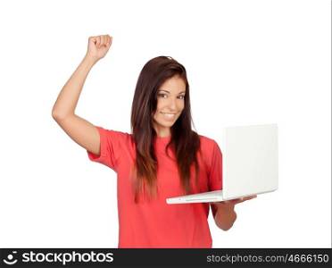 Winner girl with a laptop isolated on a white background