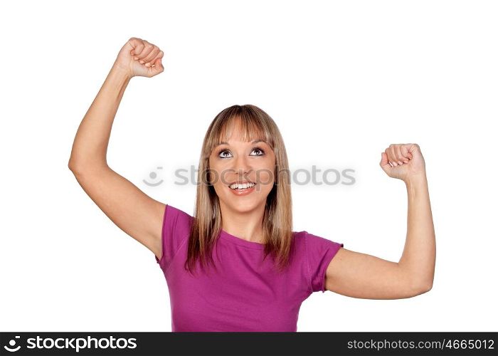Winner girl with blond hair isolated on white background