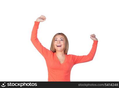 Winner girl with blond hair isolated on white background