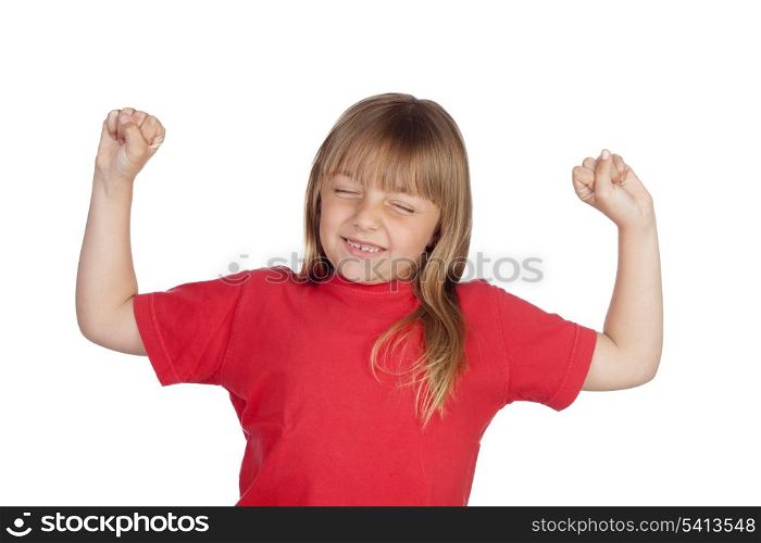 Winner girl with red t-shirt isolated on white background