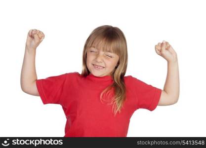 Winner girl with red t-shirt isolated on white background