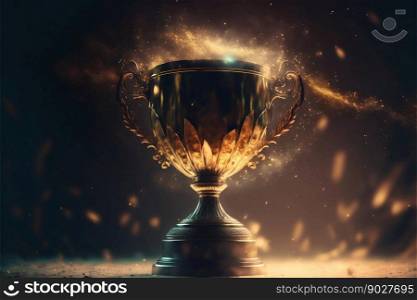 Winner gold trophy with blurred sparks on background. Generative AI. High quality illustration. Winner gold trophy with blurred sparks on background. Generative AI