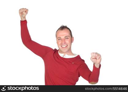 Winner man celebrating something isolated on white background