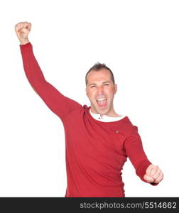 Winner man celebrating something isolated on white background