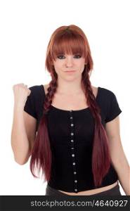 Winner teenage girl dressed in black with a piercing isolated on white background
