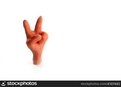 Winner two finger plasticine hand, handmade isolated on white