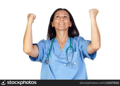 Winner woman doctor isolated on white background