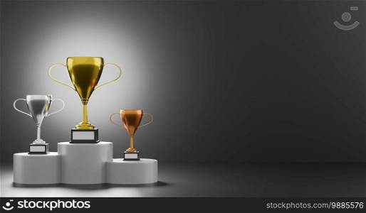 Winners podium with cups. Gold, Silver, and Bronze on dark background. Trophies with stand. 3d rendering.