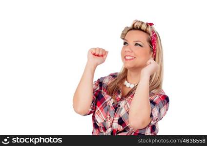 Winning girl with arms up in pinup style isolated on a white background