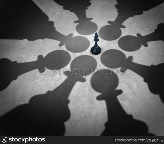 Winning together business team symbol teaming up to defeat a powerful opponent with eight chess pawns encircling the competition forming a strong partnership that succeeds over the king as a winning group strategy.