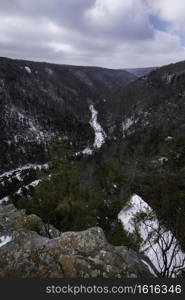 Winter afternoon views from Pendleton Point looking down into the Blackwater Canyon. It was so windy at the moment of taking the photo, snow flurries were flying up from the valley below.