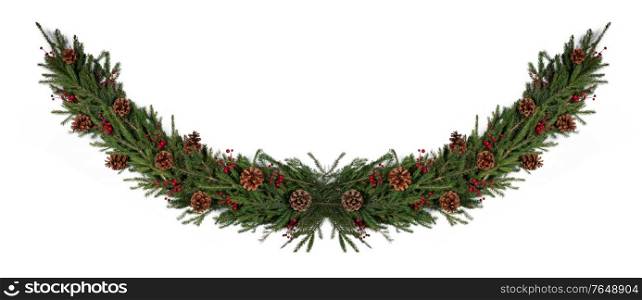 Winter and Christmas fir wreath composition with holly berries and pine cones isolated on white background with copy space. Christmas fir decoration on white
