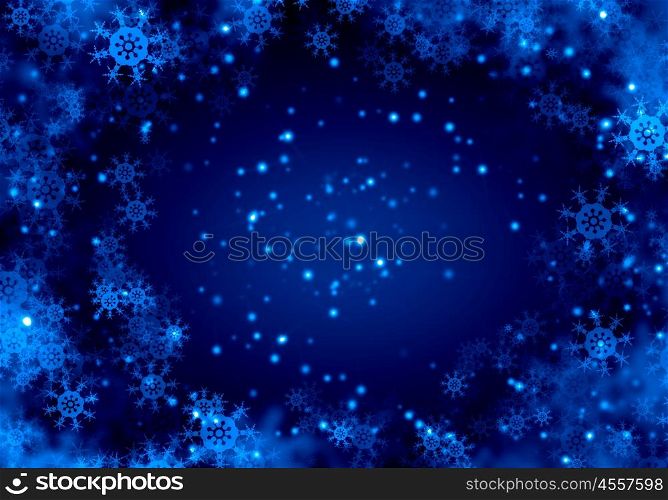 Winter background. Blue Christmas background with snowflakes and lights