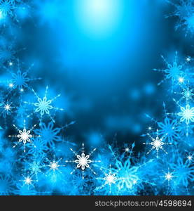 Winter background. Blue Christmas background with snowflakes and lights