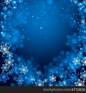 Winter background. Blue Christmas background with snowflakes and lights