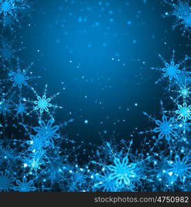 Winter background. Blue Christmas background with snowflakes and lights