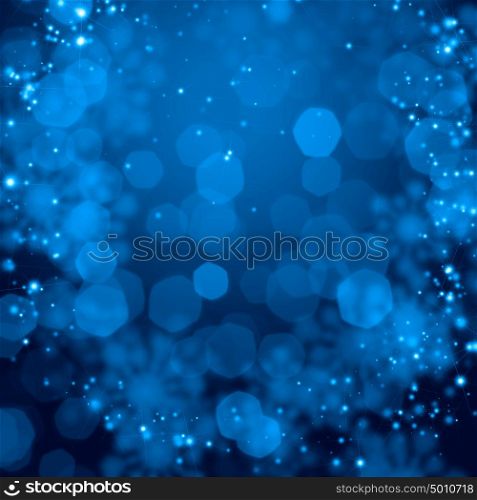 Winter background. Blue Christmas background with snowflakes and lights