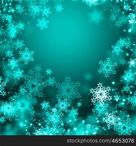 Winter background. Green Christmas background with snowflakes and lights