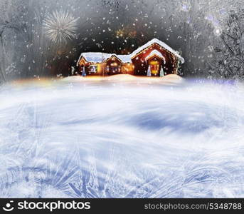 Winter Background Of Christmas Decorated House With Lights And Firework