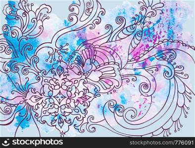 Winter blue background with patterns and watercolor stains