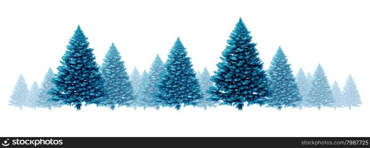 Winter blue pine tree background seasonal holidays design element border design with a group of Christmas trees on a white background as a cool festive evergreen forest icon with fog and snow for the holiday season including New Year.