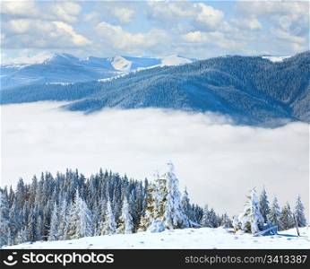 Winter calm mountain landscape with rime and snow covered spruce trees (view from Bukovel ski resort to Svydovets ridge, Ukraine). Composite image.