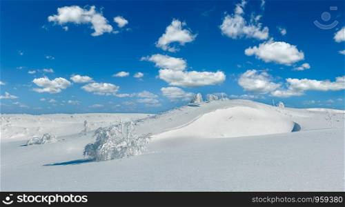Winter calm mountain panorama landscape with beautiful frosting trees and snowdrifts on slope (Carpathian Mountains, Ukraine)