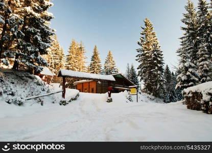 Winter camping in mountains, sunny frosty day