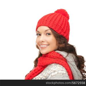 winter, christmas, holidays, clothing and people concept - smiling asian woman in red hat and mittens over white background