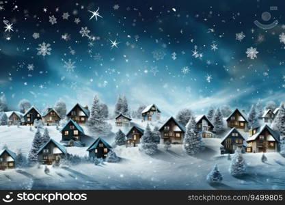 Winter Christmas night view with snow on wooden cottages