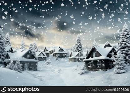 Winter Christmas night view with snow on wooden cottages