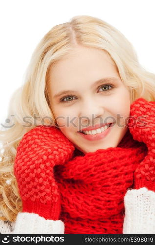 winter, christmas, xmas, x-mas, people, happiness concept - teenage girl in red mittens and scarf