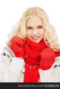 winter, christmas, xmas, x-mas, people, happiness concept - teenage girl in red mittens and scarf