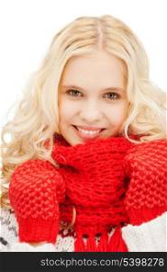 winter, christmas, xmas, x-mas, people, happiness concept - teenage girl in red mittens and scarf