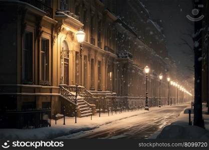 Winter city street landscape. Neural network AI generated art. Winter city street landscape. Neural network AI generated