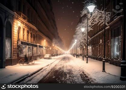 Winter city street landscape. Neural network AI generated art. Winter city street landscape. Neural network AI generated