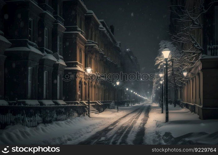 Winter city street landscape. Neural network AI generated art. Winter city street landscape. Neural network AI generated