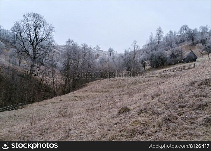 Winter coming. Cloudy and foggy morning very late autumn mountains scene. Peaceful picturesque traveling, seasonal, nature and countryside beauty concept scene. Carpathian Mountains, Ukraine.