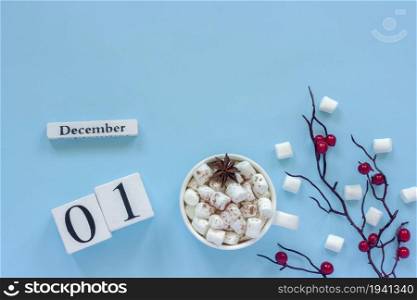 Winter composition. White wooden calendar cubes. Data January 1st. Cup of cocoa with marshmallows and decorative branch with red berries on blue background Top view Flat lay Copy space. Calendar cubes December 1st Cup of cocoa with marshmallows and decorative branch with red berries