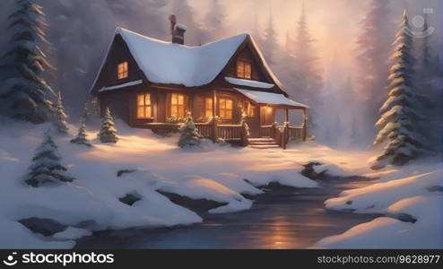 Winter cottage in a snowy forest. 3D rendering. Digital illustration.