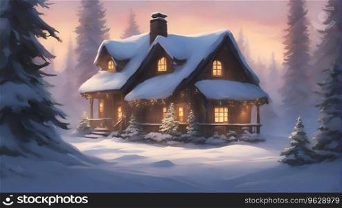 Winter cottage in a snowy forest at sunset. 3d render illustration